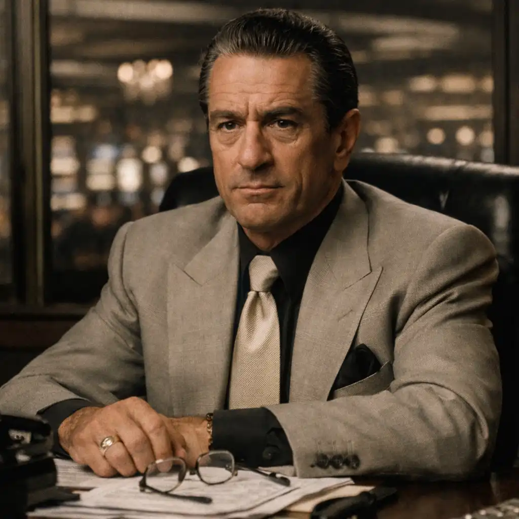 Portrait of Robert De Niro as Sam Ace Rothstein, seated at a desk in a casino office