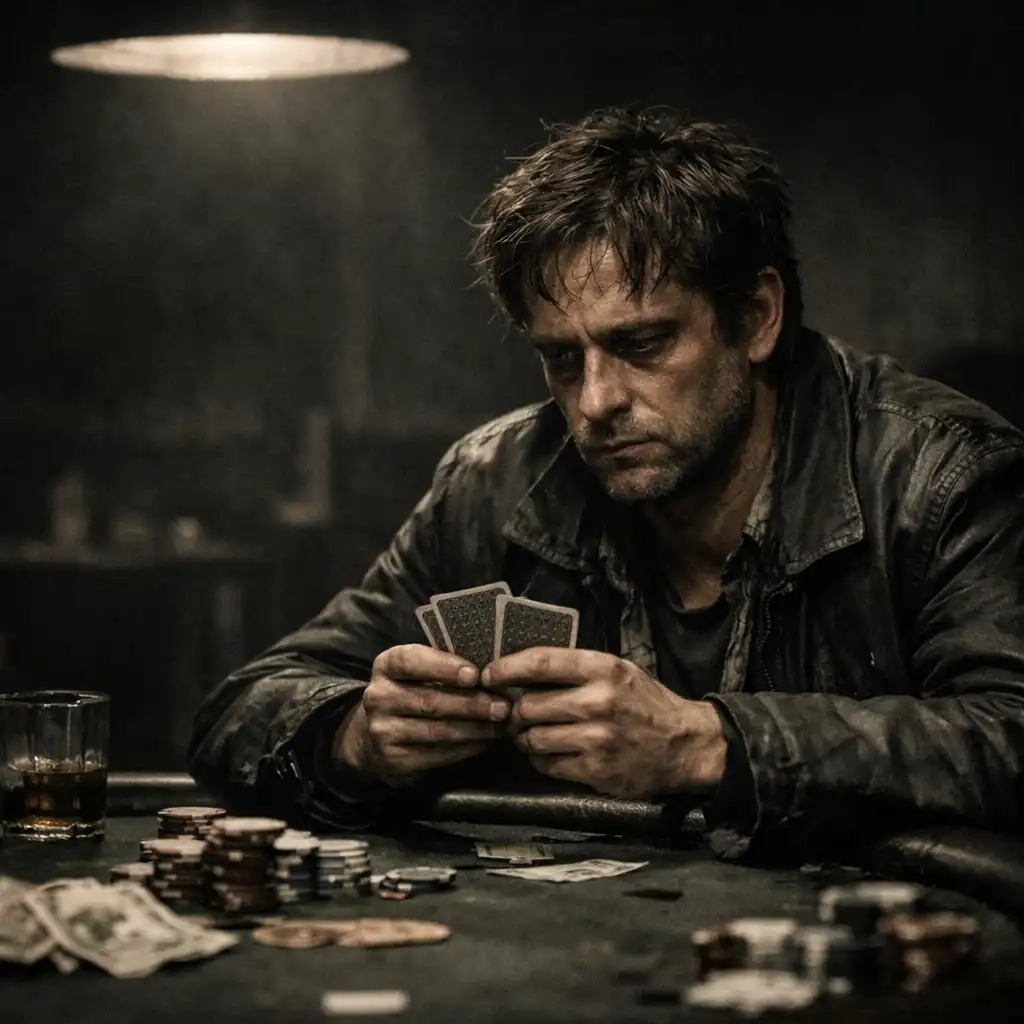 A dishevelled man sitting alone at a poker table with a haunted expression