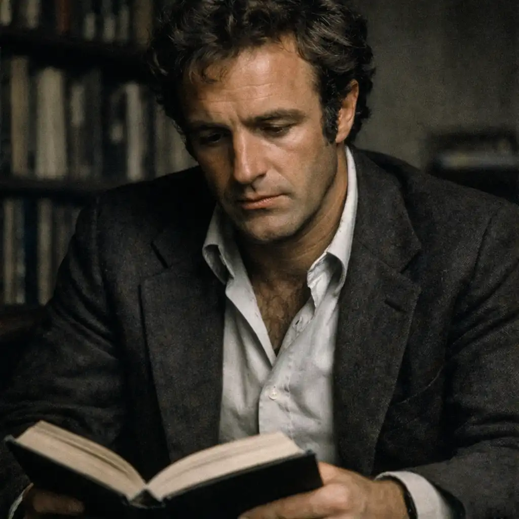 Portrait of James Caan as Axel Freed, with a pensive expression in a dimly lit room