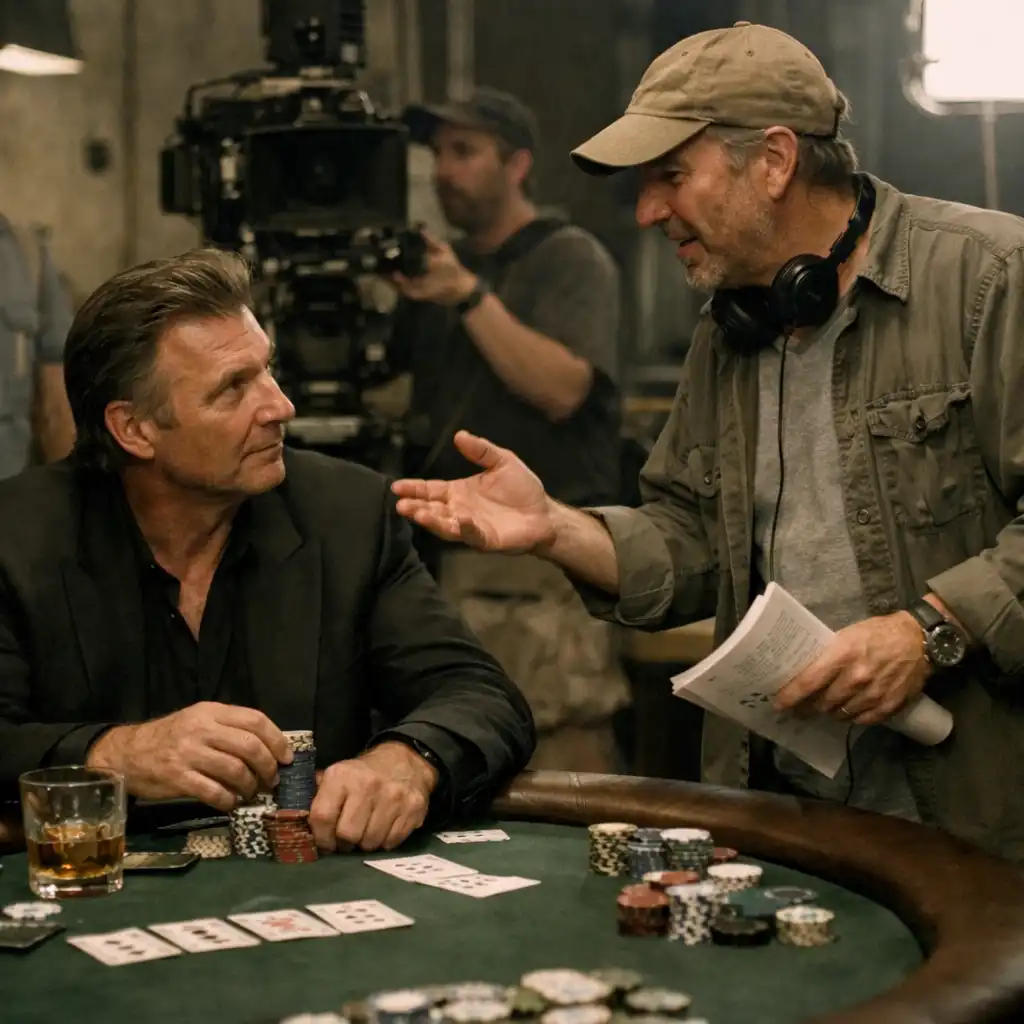 An actor and director discussing a scene at a poker table on a film set