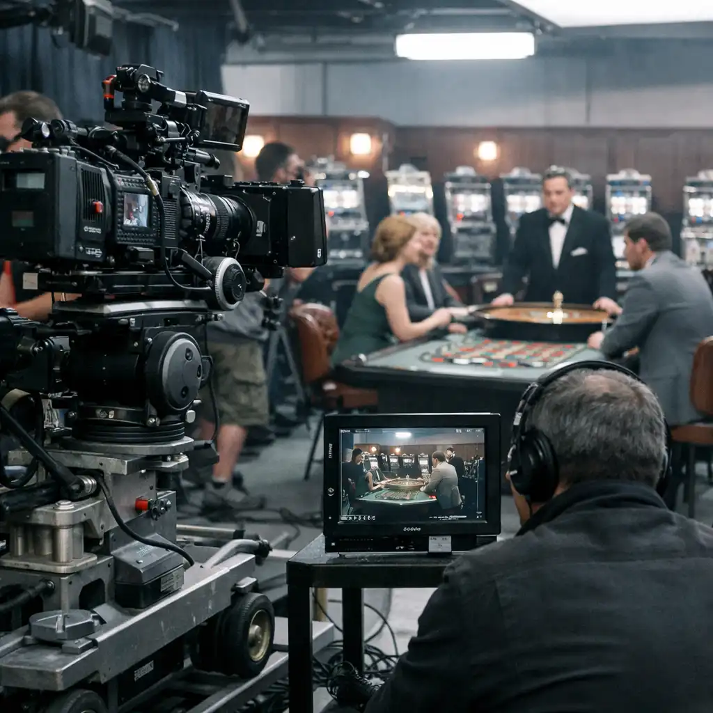 Behind-the-scenes shot of a film crew on a set dressed as a 1960s casino, with a camera on a dolly and a director watching a monitor.