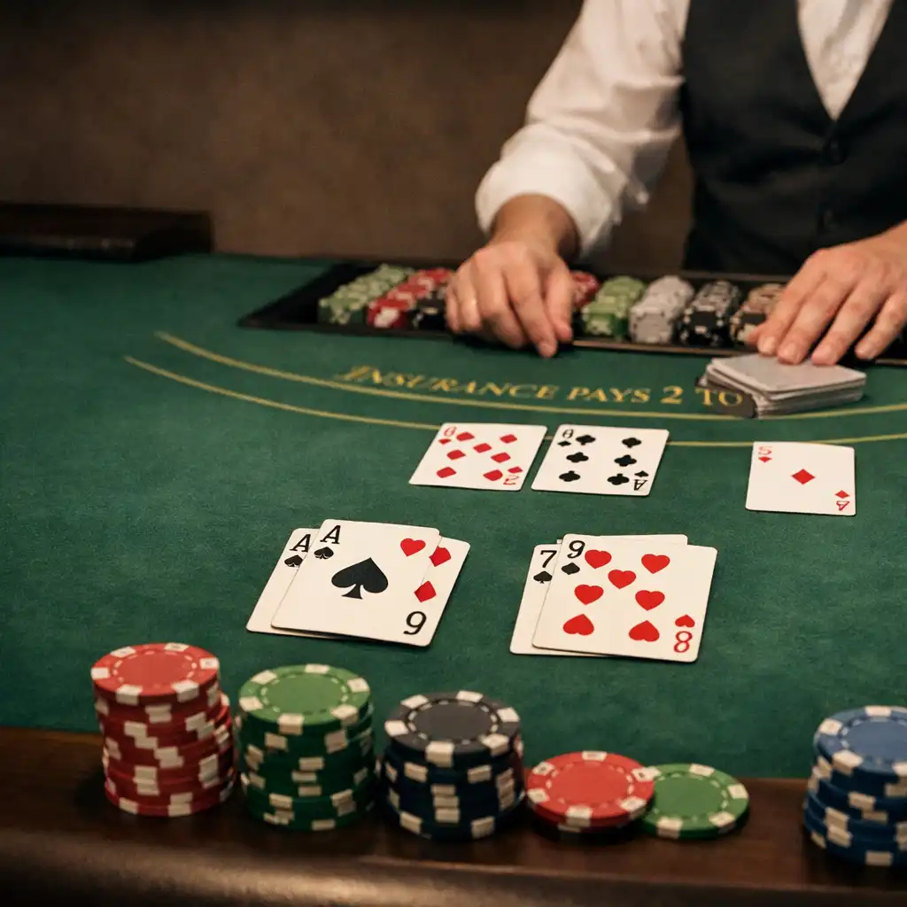 Wide shot of a blackjack table from a player's perspective, with cards fanned out on green felt and chips stacked in the foreground.