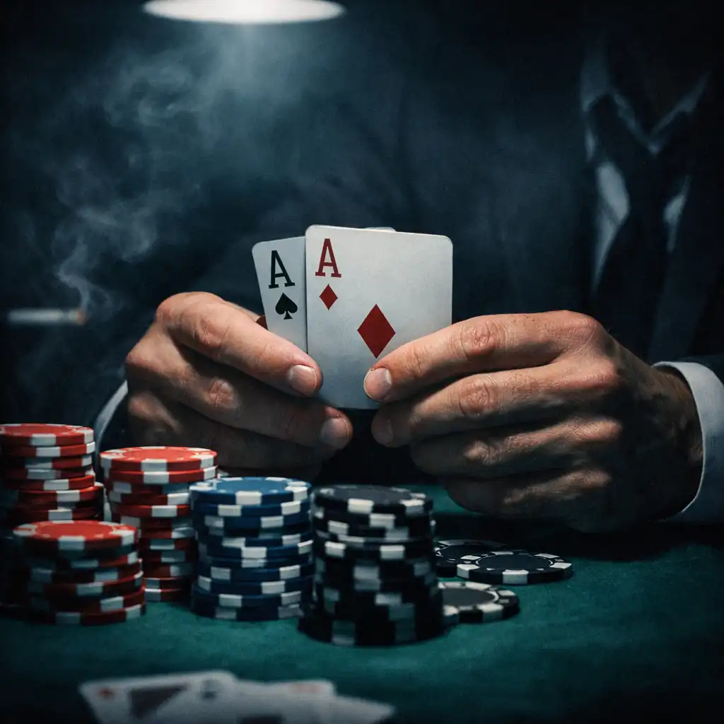A close-up of a player's hands holding cards above stacked chips in a high-stakes poker game, lit by a single dramatic overhead lamp.
