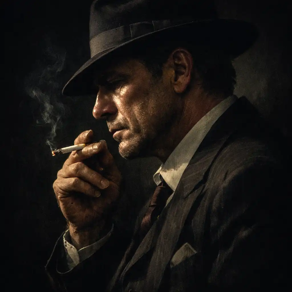 A film noir portrait of a fictional gambler character in profile, wearing a vintage suit and holding a cigarette, lit by a single side light against a dark background.