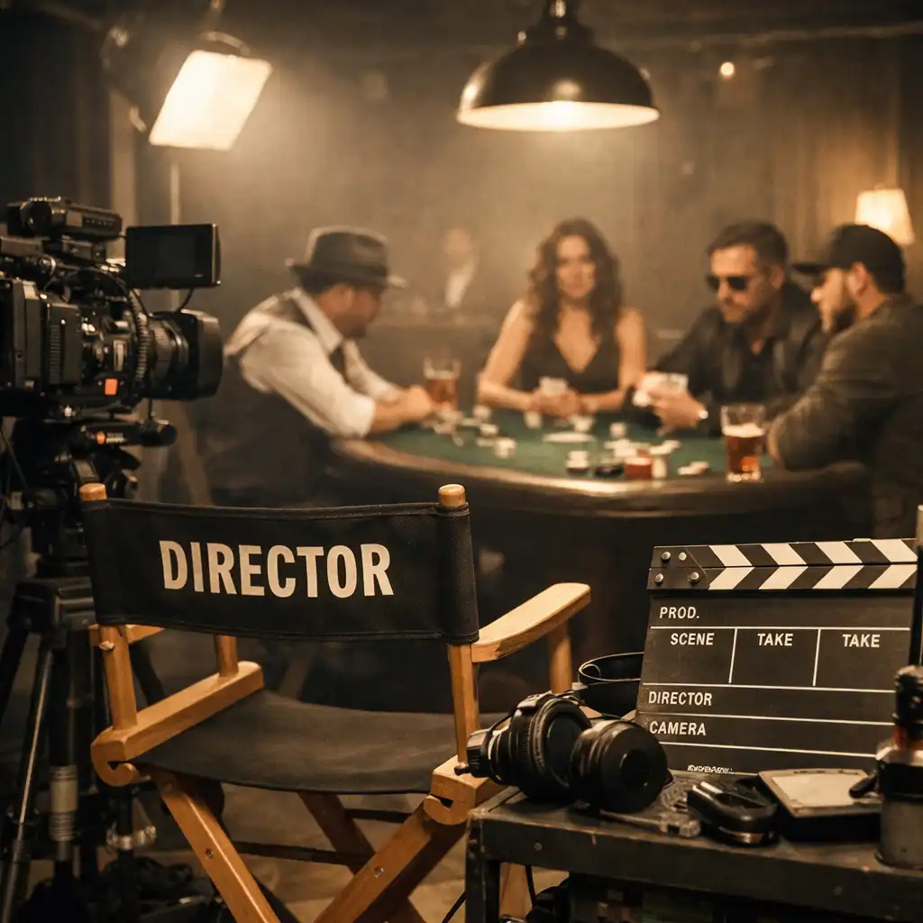 A behind-the-scenes view of a film set for a poker movie, with a director's chair and camera equipment in the foreground and actors seated at a poker table under soft studio lights.