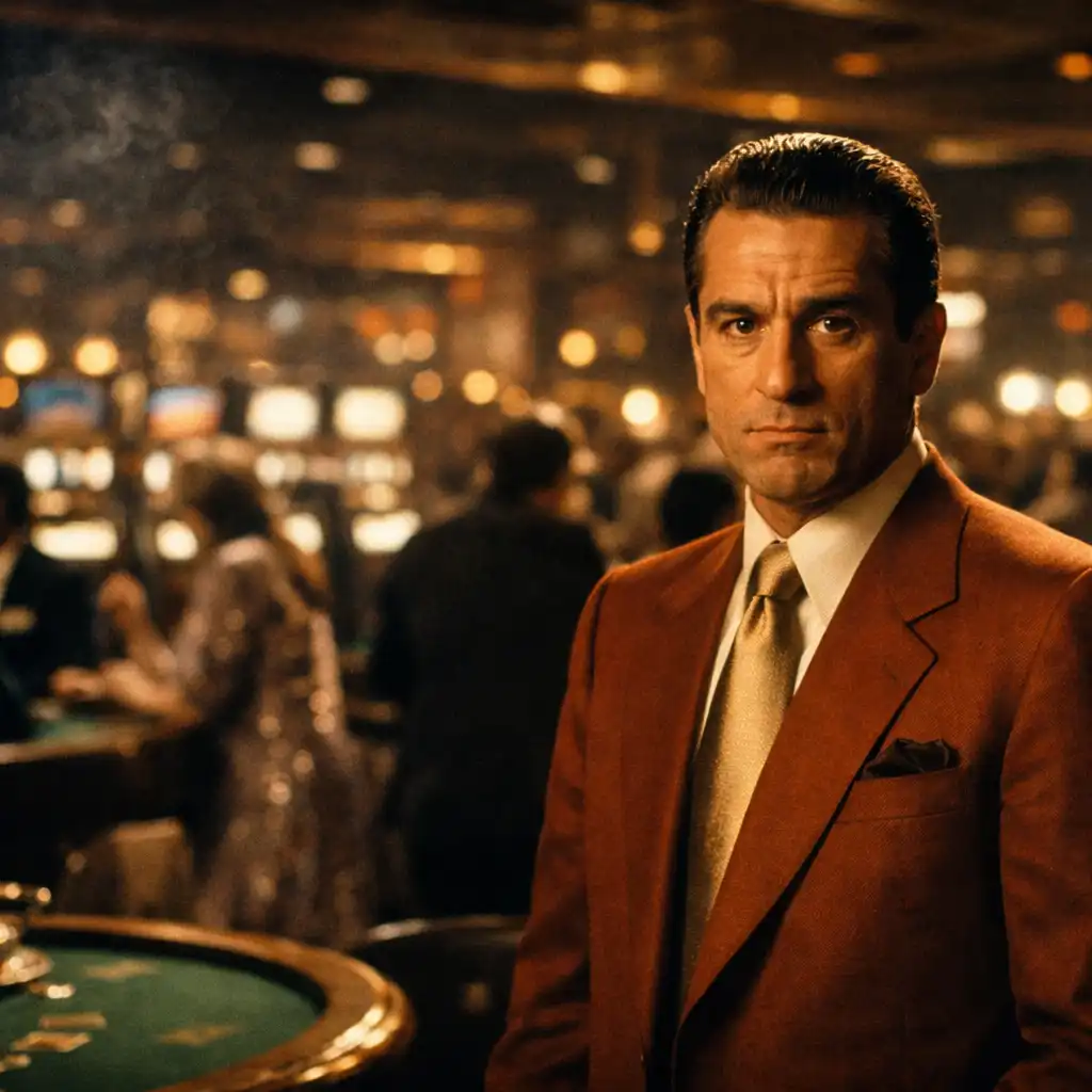Robert De Niro as Ace Rothstein in Casino (1995), standing on a 1970s Las Vegas casino floor