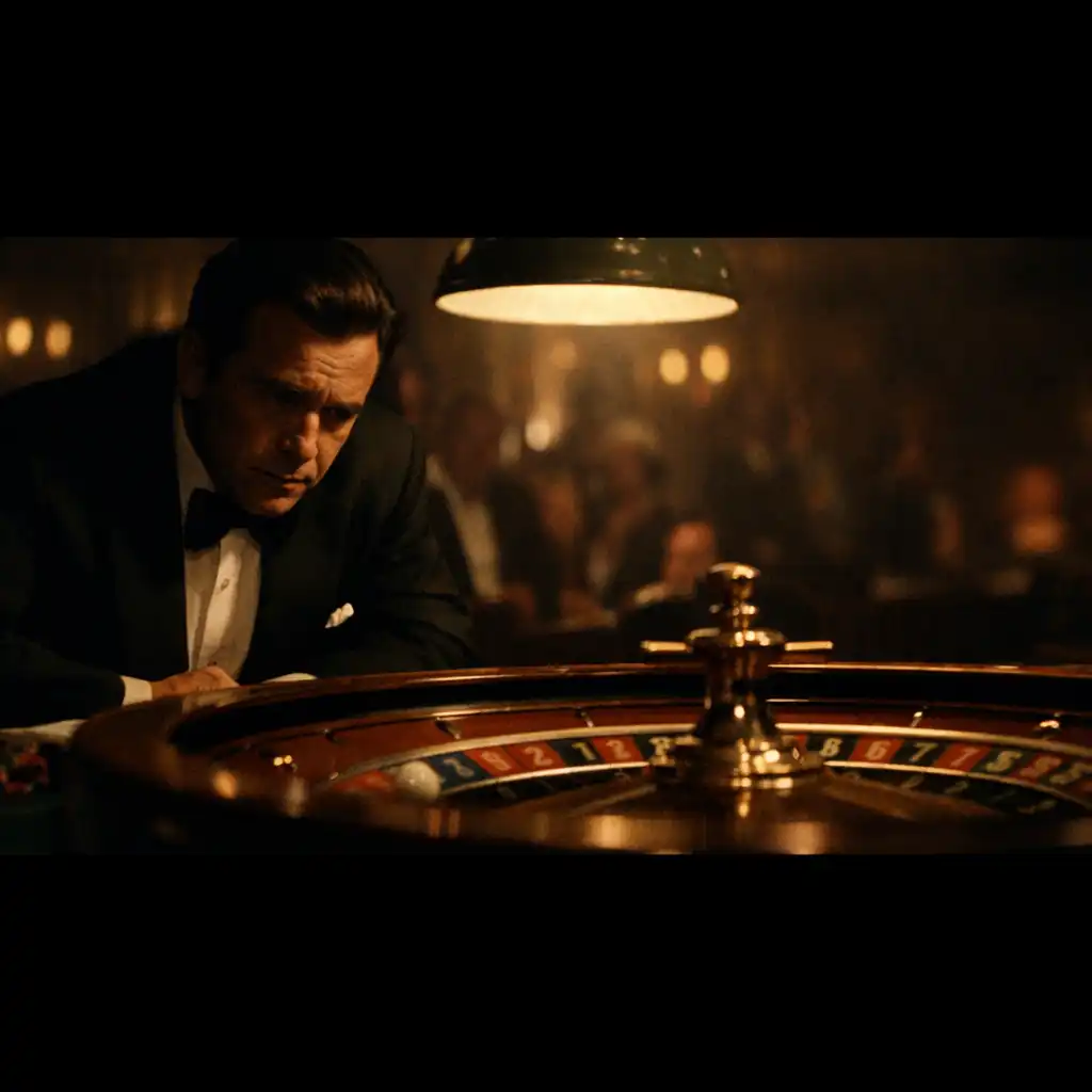 A tense moment at a roulette table in a dimly lit casino, with a well-dressed man leaning forward as the wheel spins