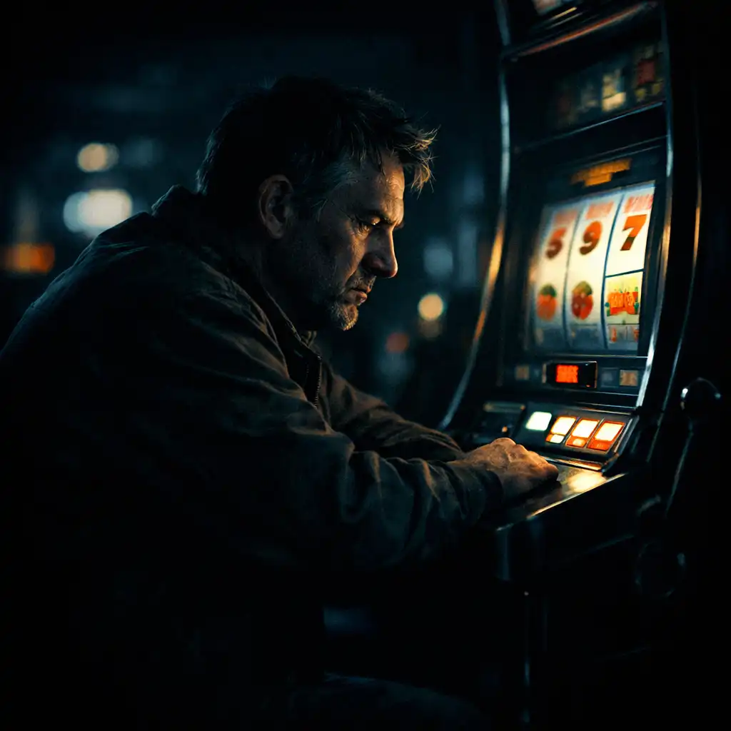 A solitary man sitting at a slot machine in a dimly lit casino, his face illuminated only by the machine's glow