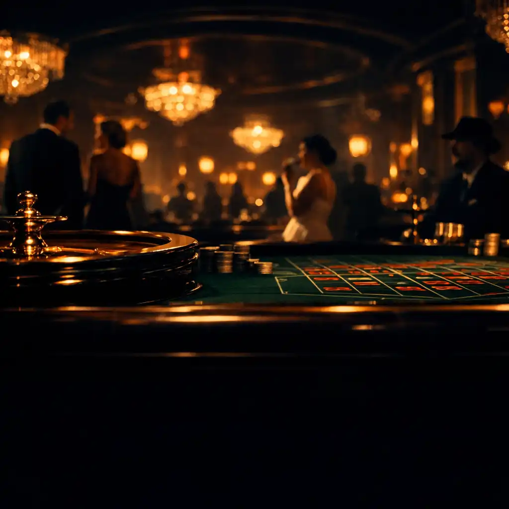 A grand casino interior at night with a roulette table in the foreground and elegant patrons in the background, bathed in warm amber and deep navy light