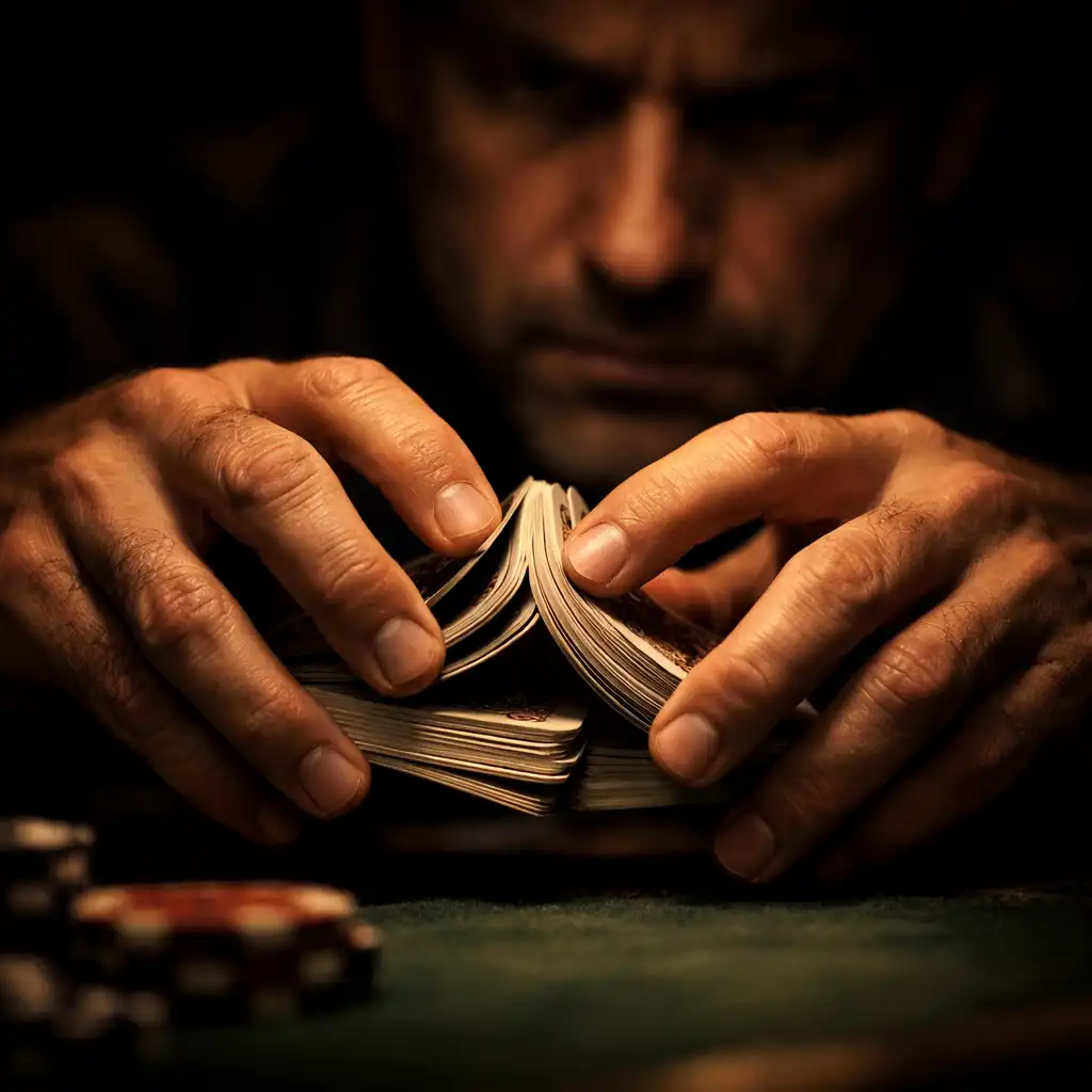 Close-up of a man's hands shuffling cards at a dimly lit poker table, his tense face partially visible in the background