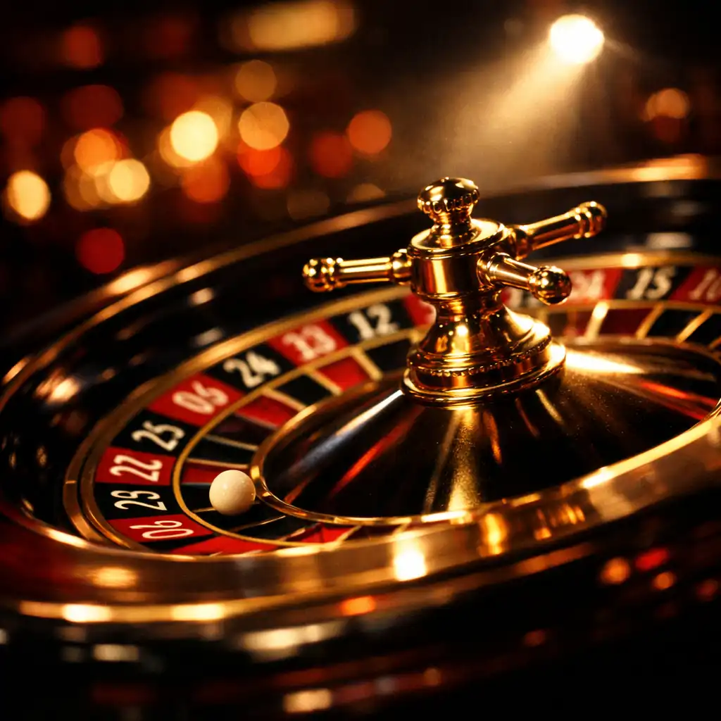 A roulette wheel in sharp focus with blurred casino lights in the background, dramatic spotlight on the wheel