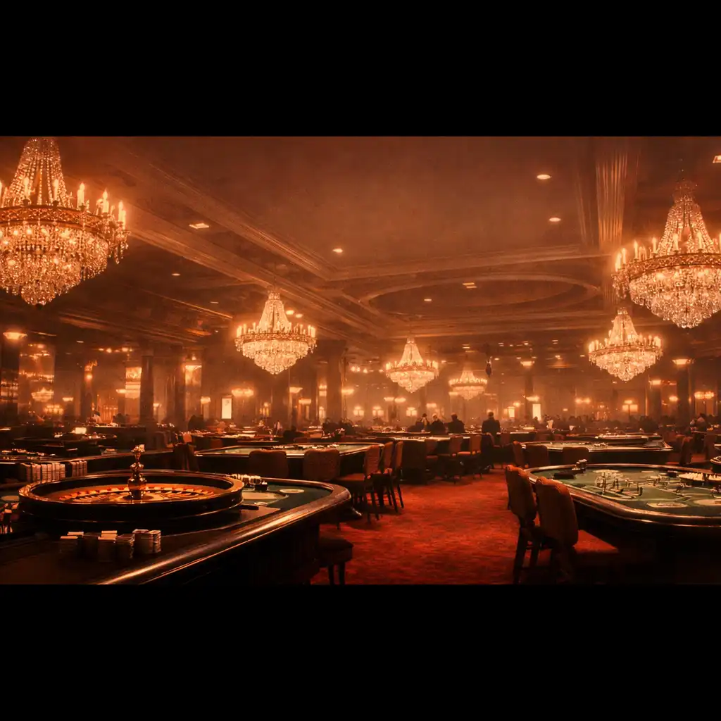 Grand 1970s casino interior with chandeliers, red carpets, and rows of roulette and blackjack tables