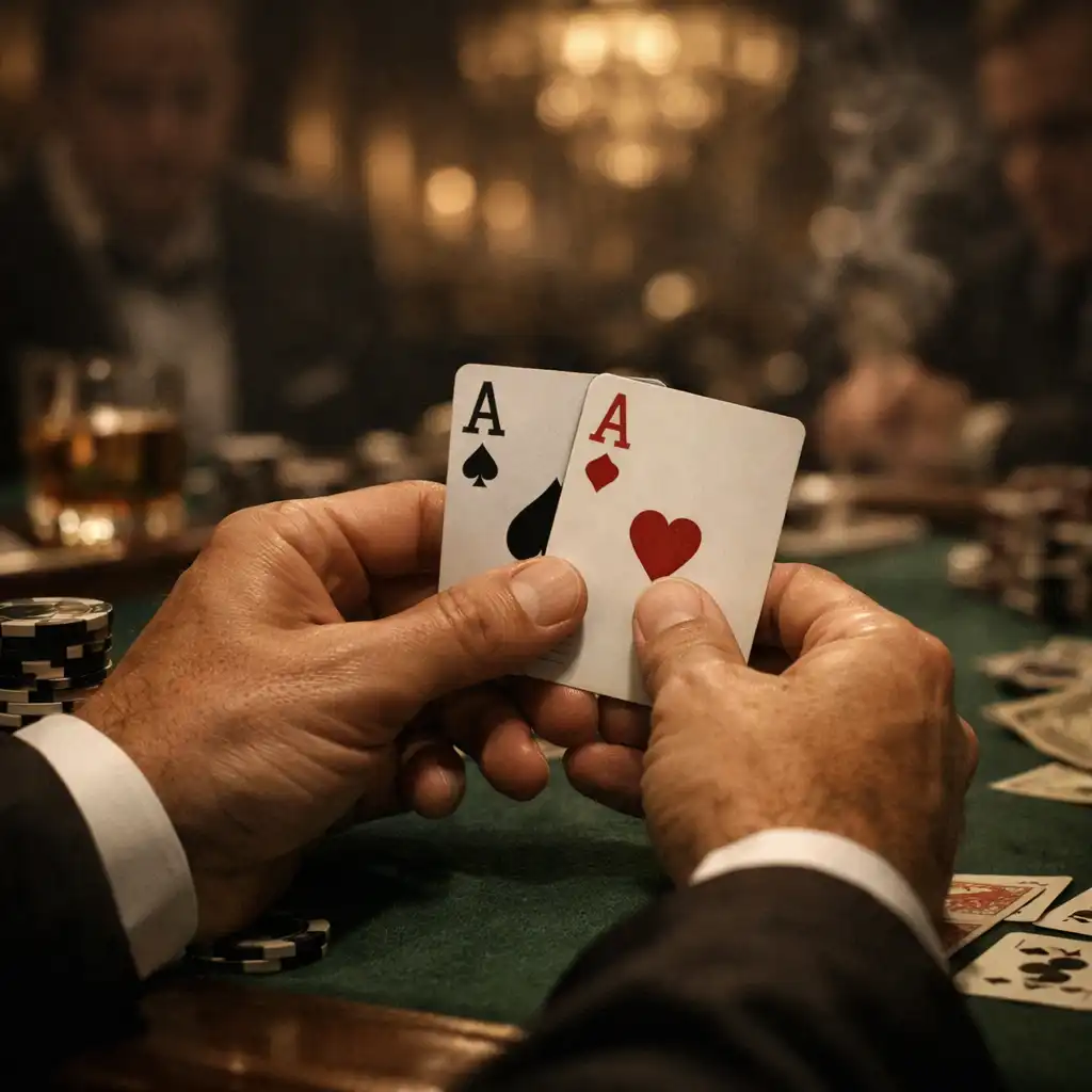 Dramatic close-up of a player's hands holding a pair of aces during a high-stakes poker game in a luxurious casino.