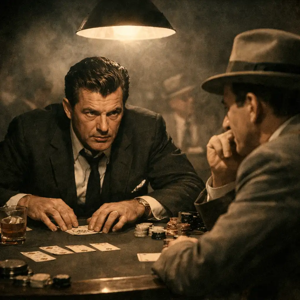 Two men at a poker table in a smoky 1960s room