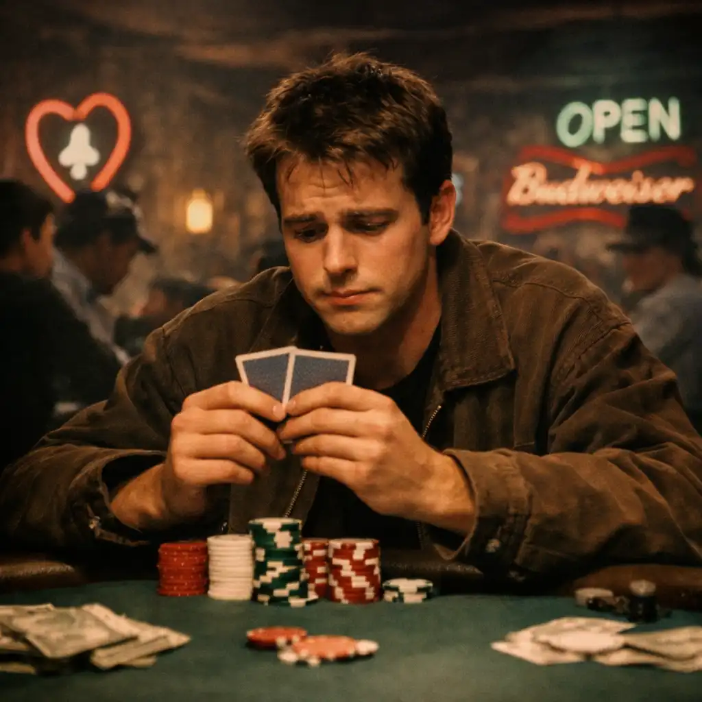 A young man in a 1990s underground poker club looking at his cards