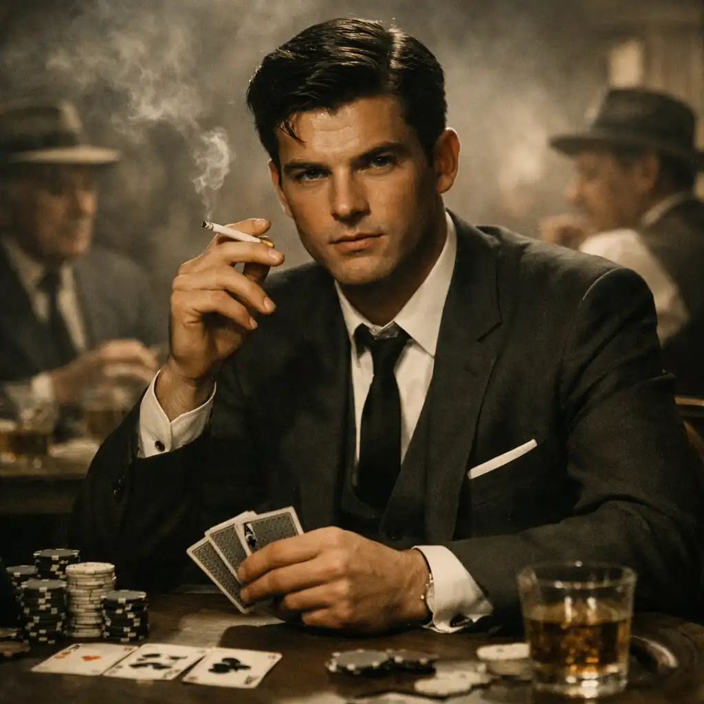 A young poker player in a 1960s setting with a determined expression