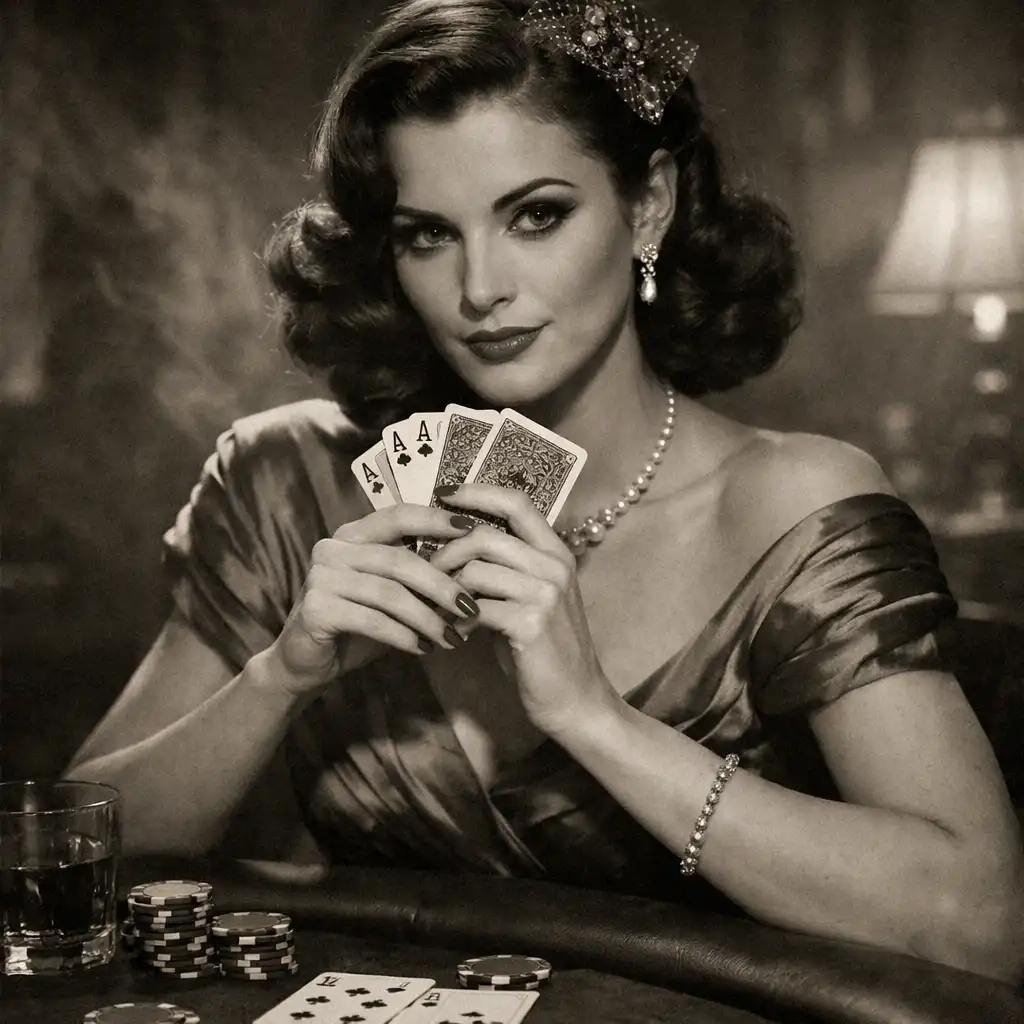 A glamorous woman in a 1940s-style dress holding cards close to her chest
