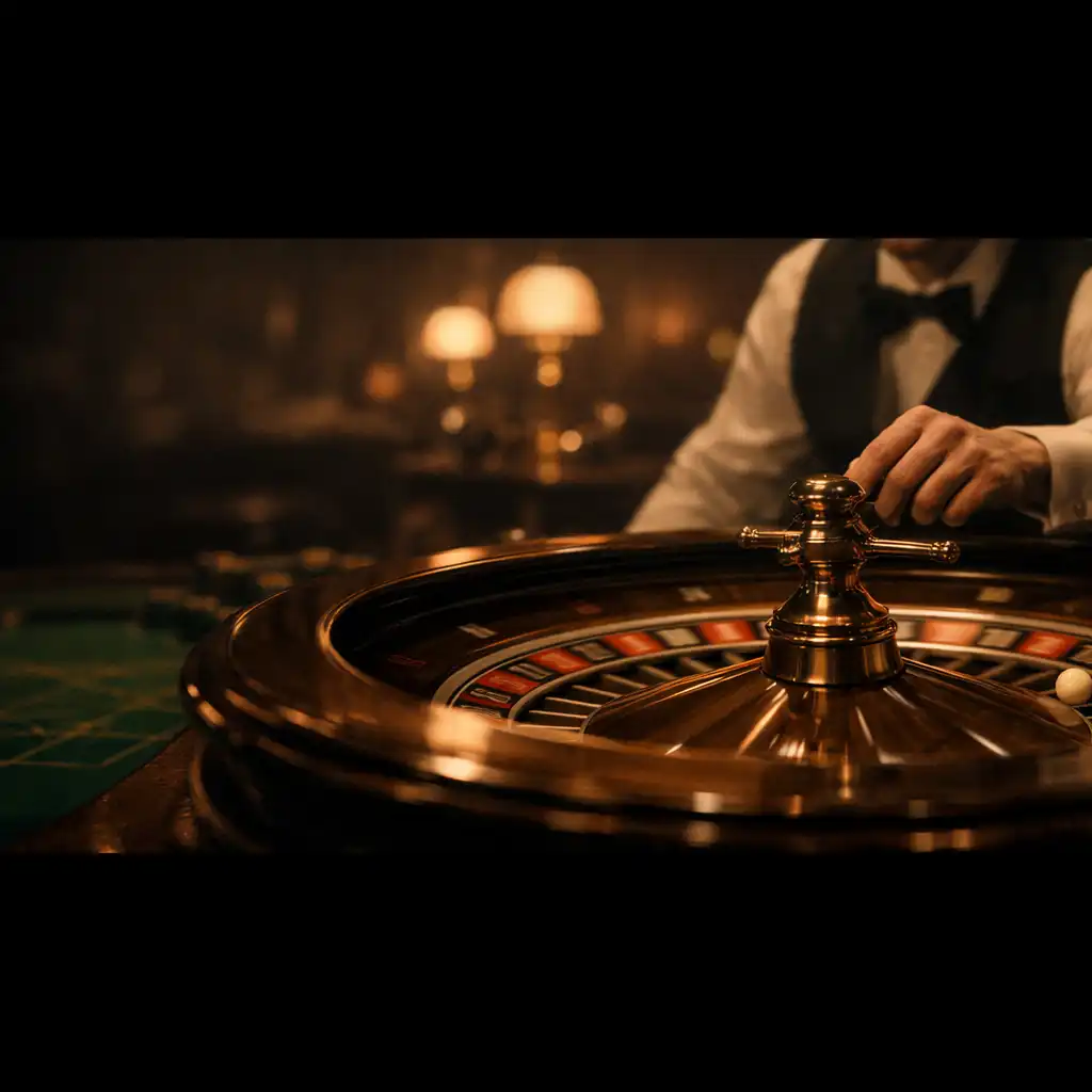 A cinematic wide shot of a roulette table in a dimly lit, elegant casino, with a croupier's hand over the wheel and soft brass lighting.