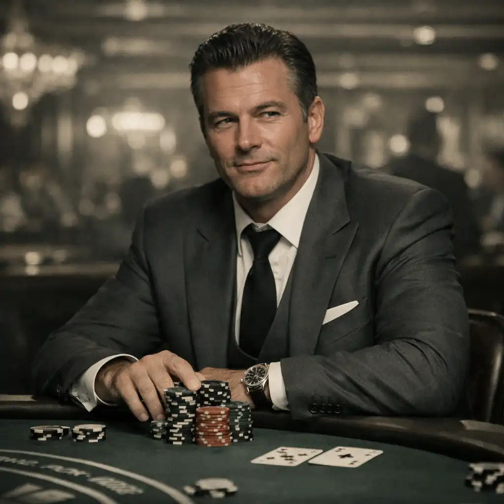 A confident high roller seated at a blackjack table with a stack of chips