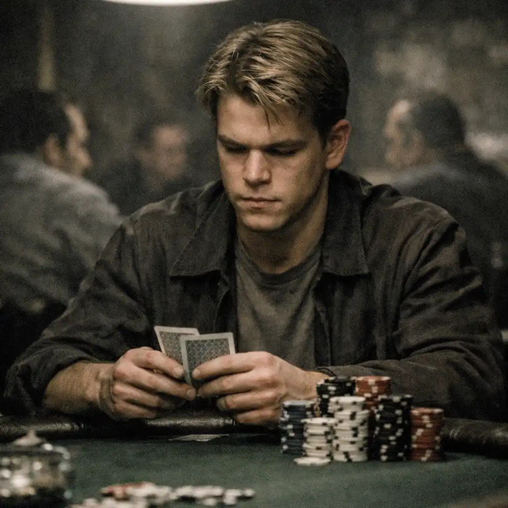 Portrait of Matt Damon as Mike McDermott, seated at a poker table in a dimly lit club