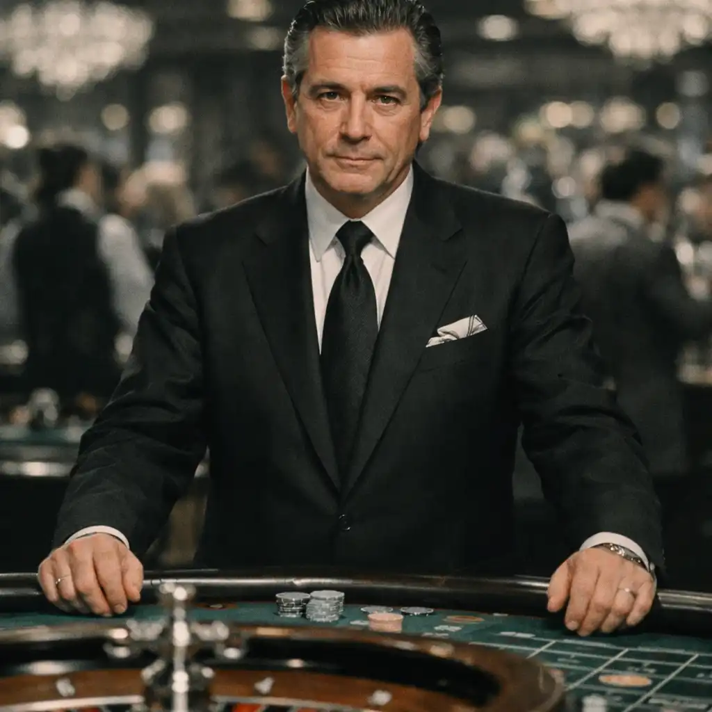 A casino operator standing behind a roulette table with a watchful expression