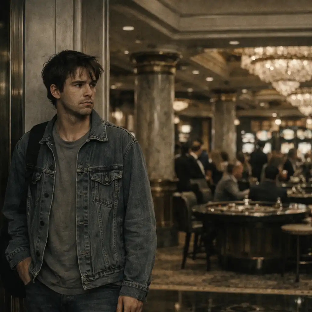 A young man standing at the entrance of a casino, looking uncertain