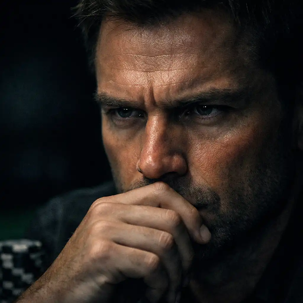 Close-up of an actor's intense face during a high-stakes poker scene