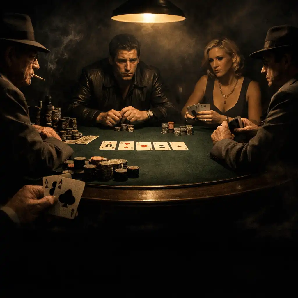 A dimly lit poker table with players' hands and cards, rendered as a cinematic film still