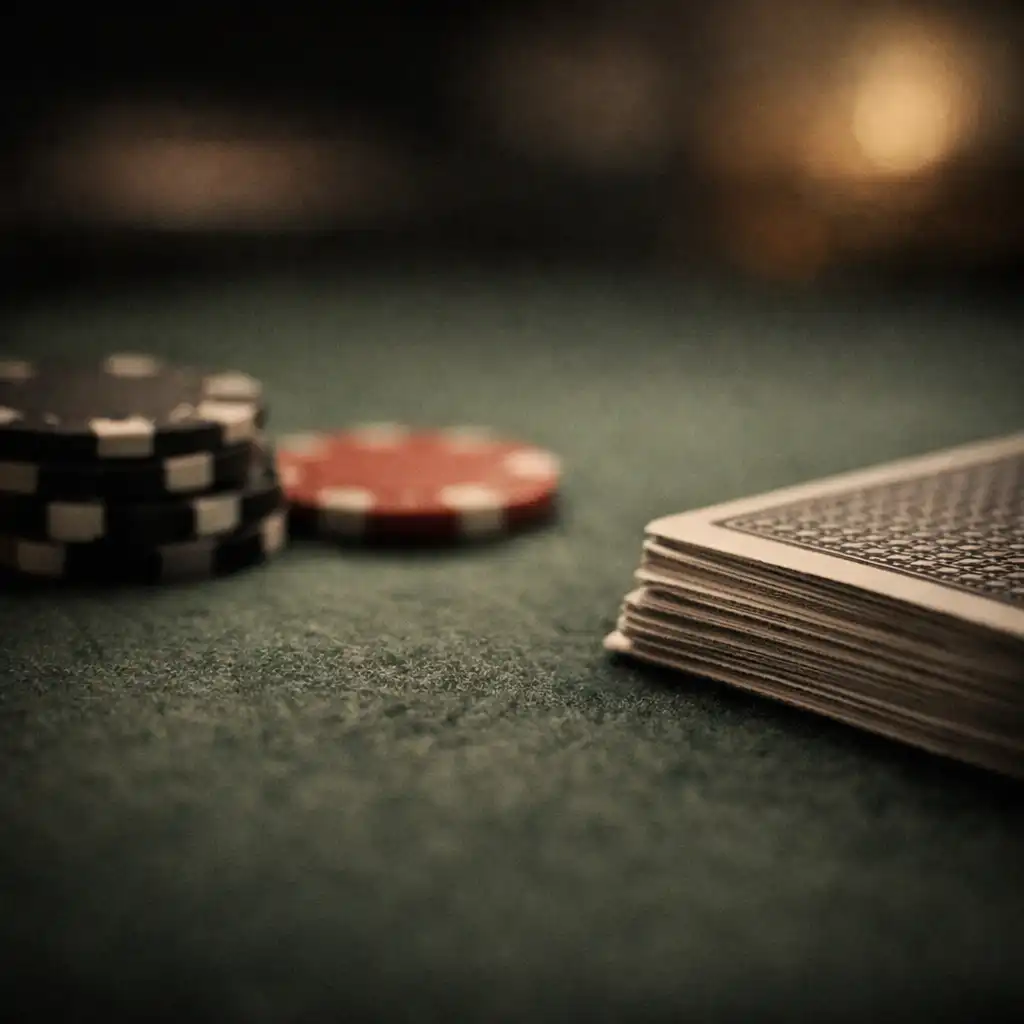 Close-up of a poker table felt with cards and chips