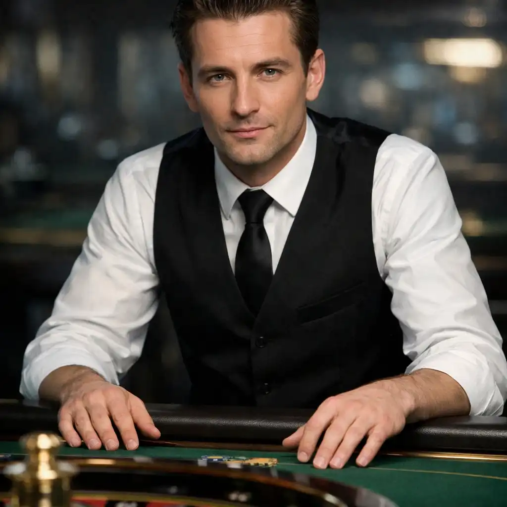 Portrait of a fictional croupier in a white shirt and black vest standing behind a roulette table