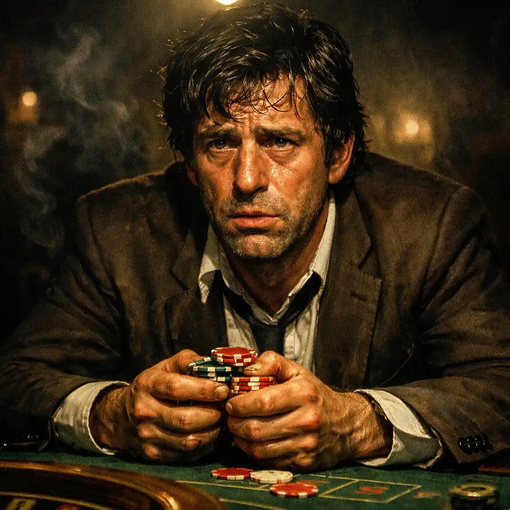 Portrait of a fictional desperate gambler in a rumpled suit clutching chips at a roulette table