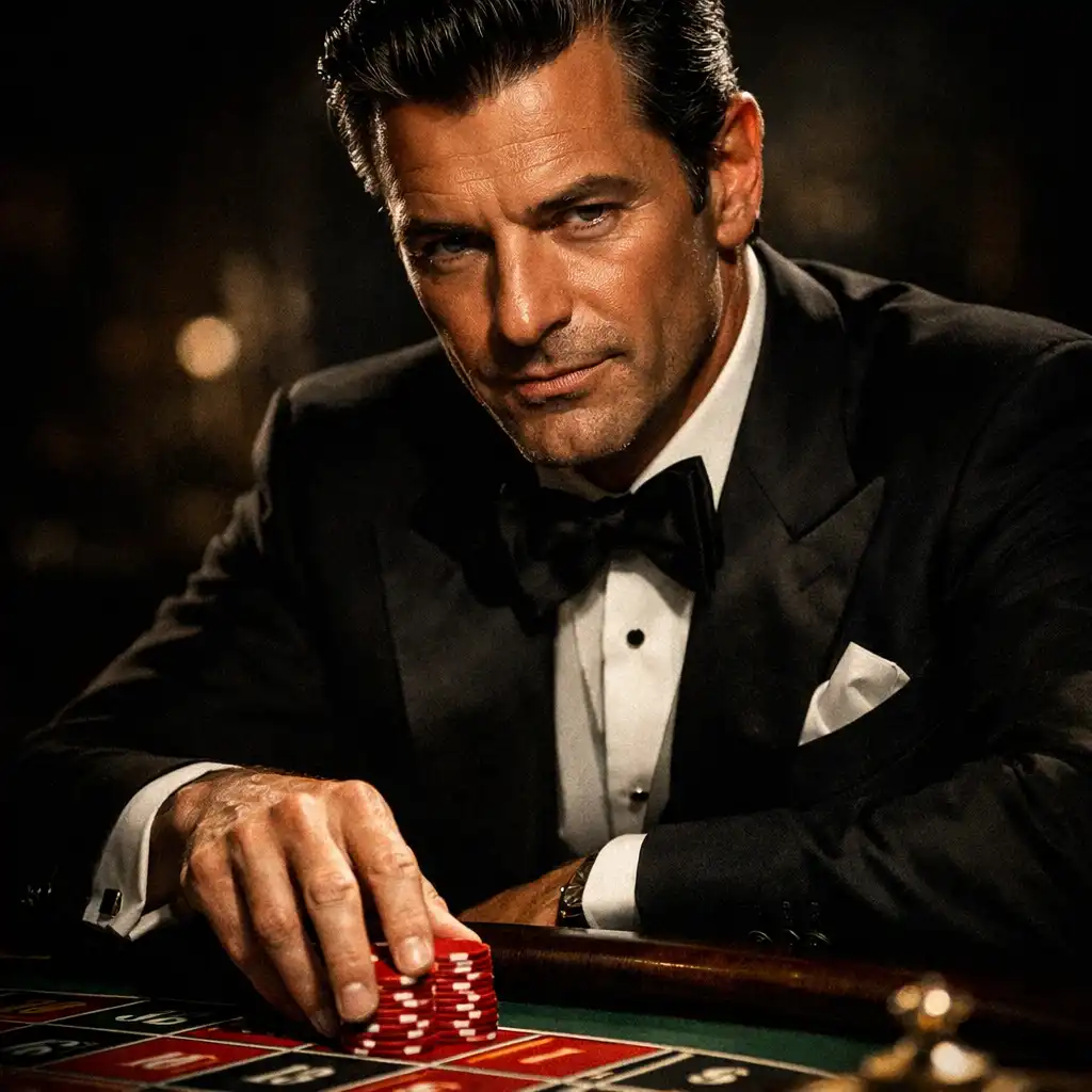 Portrait of a fictional high roller in a tailored tuxedo placing chips on a roulette table