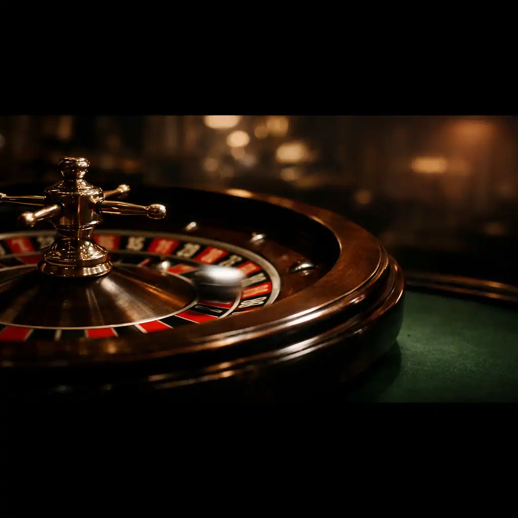 Cinematic close-up of a roulette wheel in motion, with the ball a blur of silver against red and black pockets