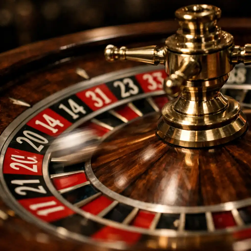 Macro shot of a roulette wheel in motion, with the ball a blur of silver against red and black numbers.