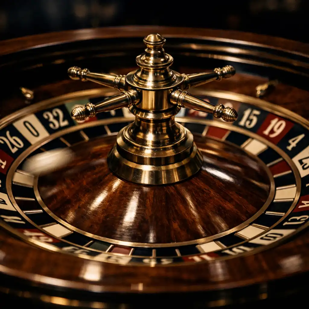 Detailed close-up of a roulette wheel in motion with a blurred ball