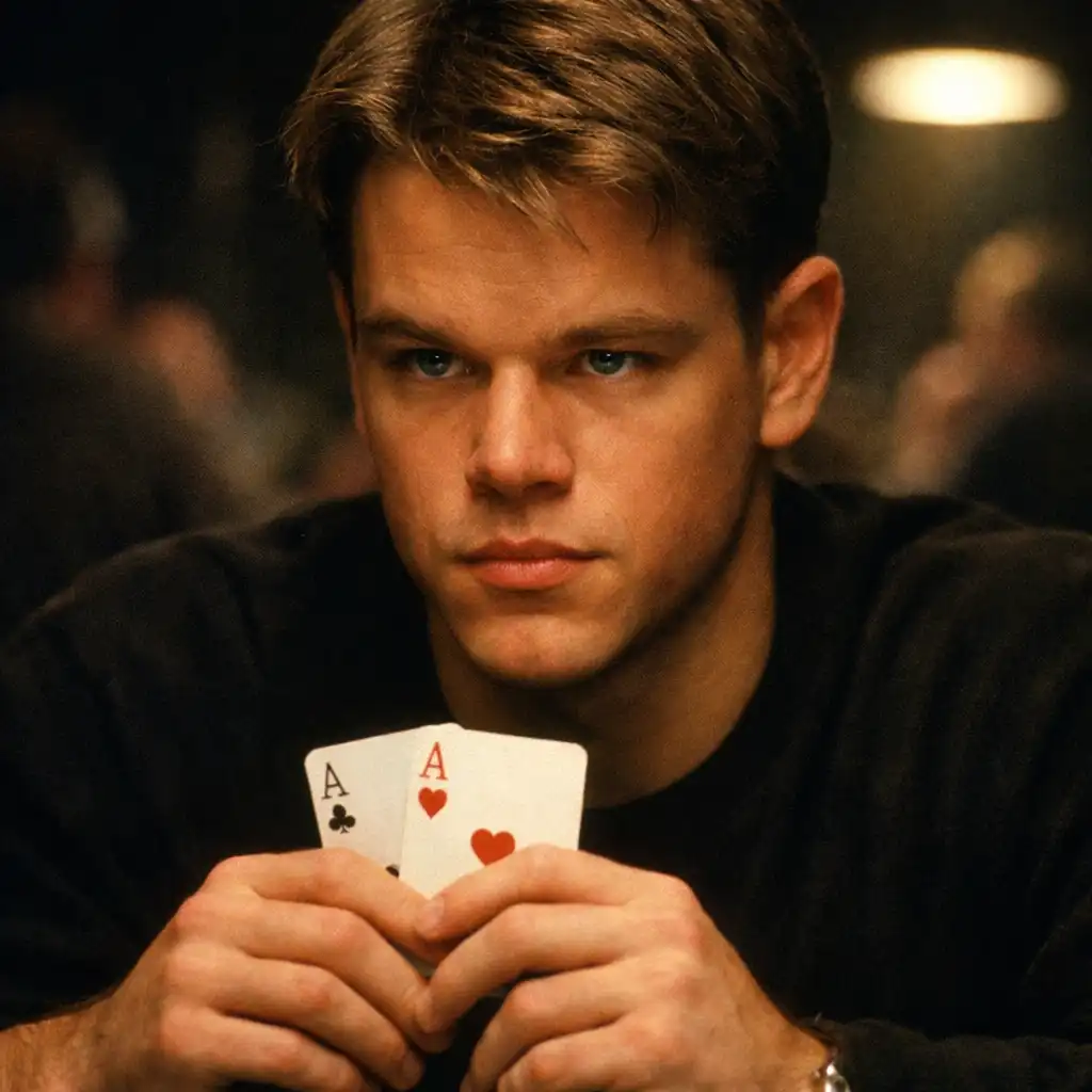 Matt Damon as Mike McDermott in Rounders (1998), holding cards at a dimly lit poker table