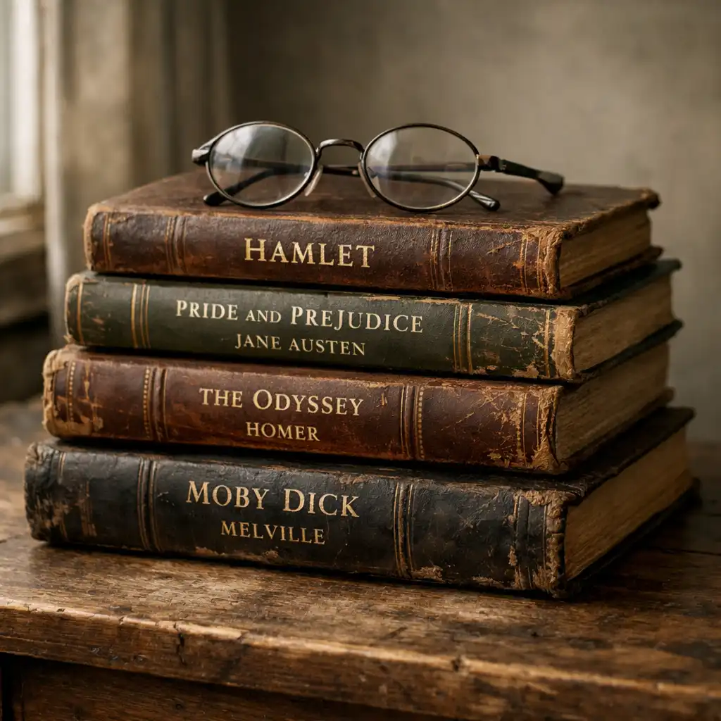 Still life of vintage books with worn leather covers stacked on a wooden table, suggesting classic literature.